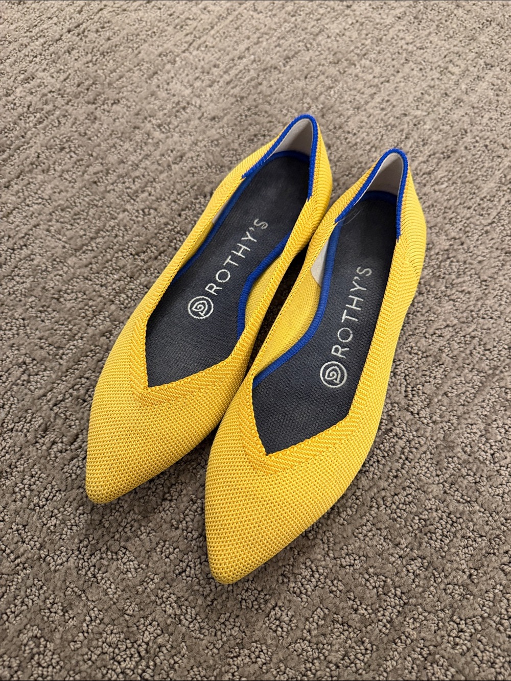 Rothy's Yellow Pointed Knit Flats with Blue Trim